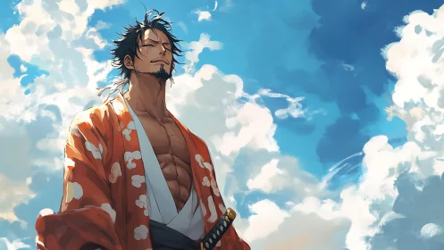 Samurai in orange kimono under luminous summer sky.