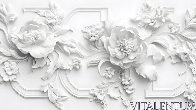 Elegant White Floral Relief Wall Art in Classic Ornamental Style.