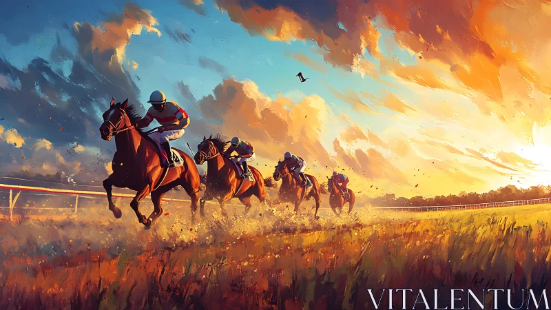 Galloping racehorses glowing in a golden sunset sky.