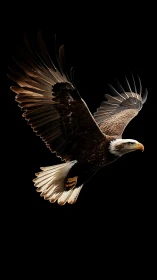 Photorealistic raptor in dynamic mid-flight on black ground.