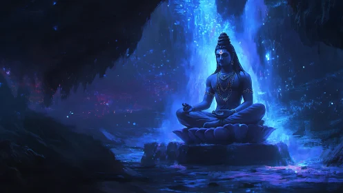 Serene blue deity meditating in a glowing mystical cave.