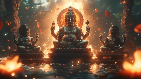 Triptych of illuminated Hindu deities amid volumetric fire halo