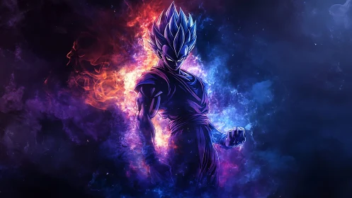 Cosmic warrior ignites twin storms of violet and flame power