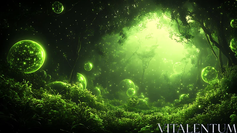 Emerald forest orbs drift through a glowing dreamlit grove.