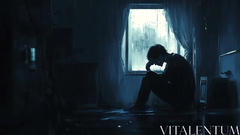 Nocturnal interior silhouette under rain-saturated backlight.