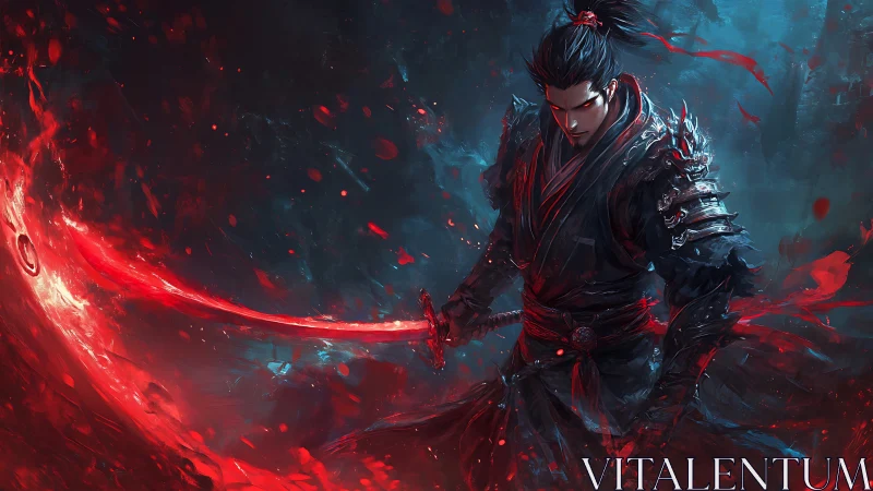 Armored swordsman channels glowing red energy arc in storm