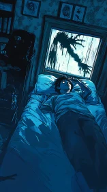 Boy lies awake as a monstrous shadow looms at his window