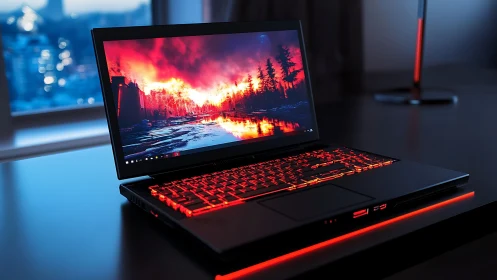 Gaming laptop with red backlight on sleek dark desk.