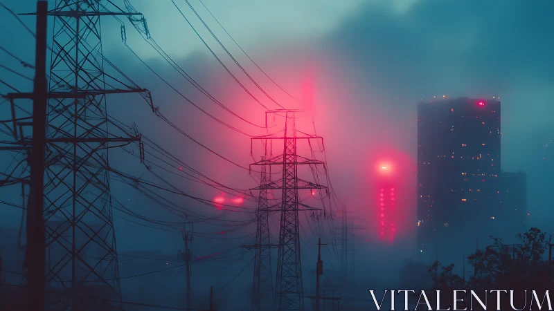 Neon fog engulfs power lines and distant city towers.