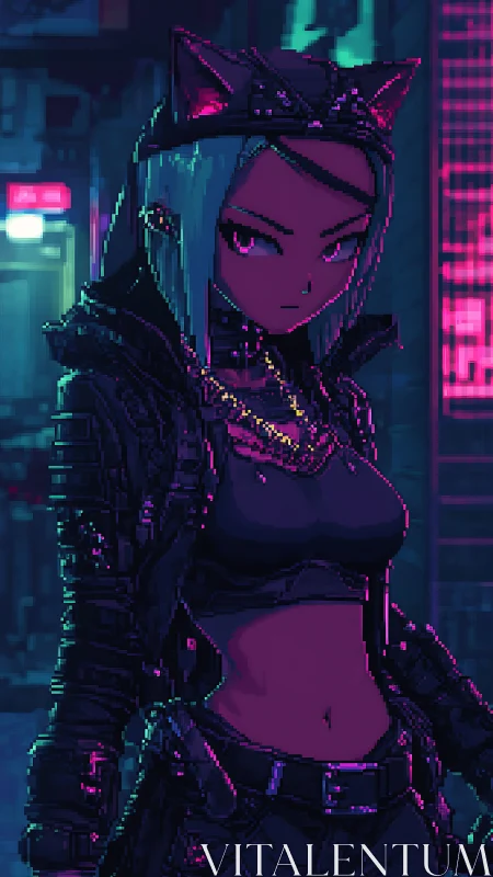 Cyberpunk cat-eared street mercenary in neon alley at night