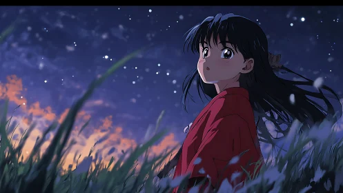 Young heroine in red kimono under twilight starfield sky.