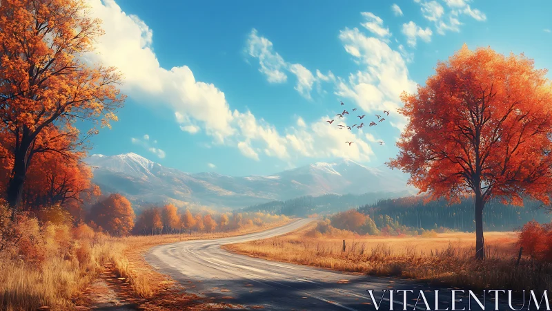 Curving rural road through bright autumn trees and hills.