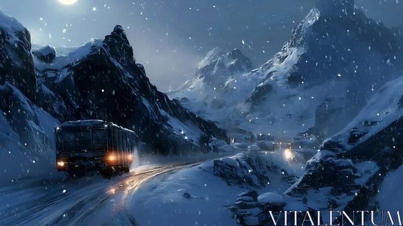 Midnight bus climbs a stormy road through frozen peaks