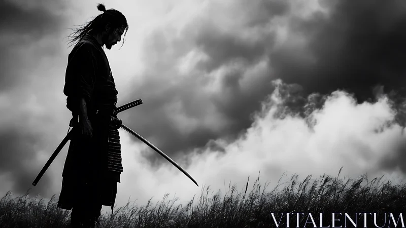 Solitary samurai silhouette studies tension against storm clouds