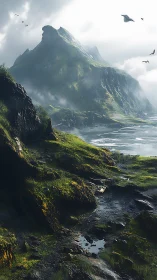 Mountain peak rises above misty coast and wet valley