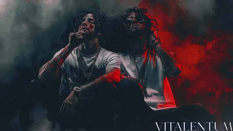 Two tattooed men sit in moody red smoke filled darkness