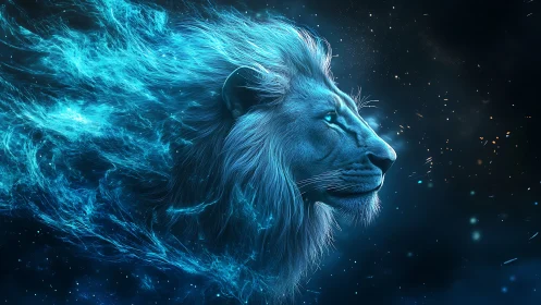 Glowing blue lion head rendered in cosmic energy profile