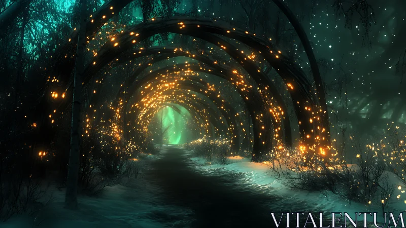 Luminous archway over winter forest pathway at night.