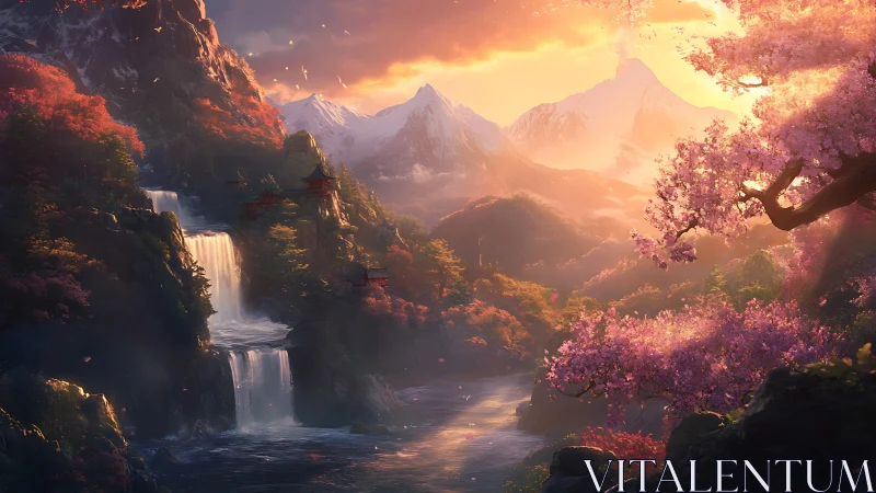 Sunset shrine valley under sakura and cascading mists.