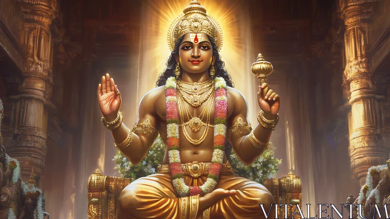 Golden Hindu deity statue seated in ornate temple hall.