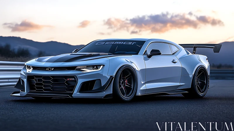 Widebody track-spec Chevrolet coupe with aero kit at dusk.