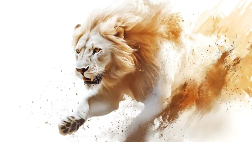 Dynamic white lion sprint rendered with particulate motion blur