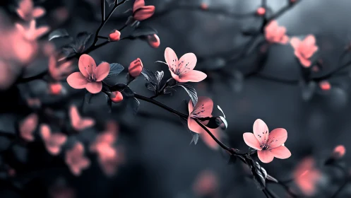 Pink blossoms on dark branches with selective focus.
