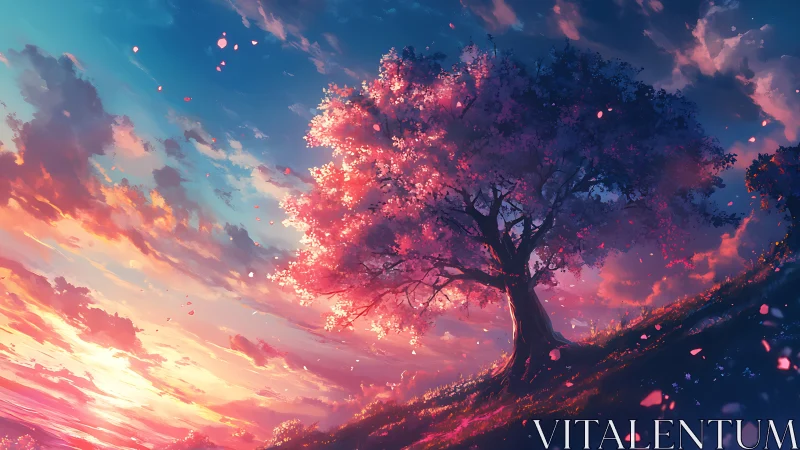 Solitary blossom tree stands on hillside under vivid sunset