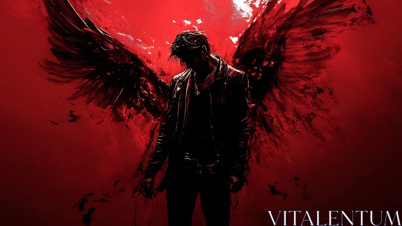 Fallen dark angel in red void with abstract ink wings.