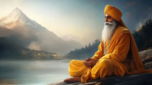Meditative Sikh elder rendered in high-detail digital painting by mountain lake
