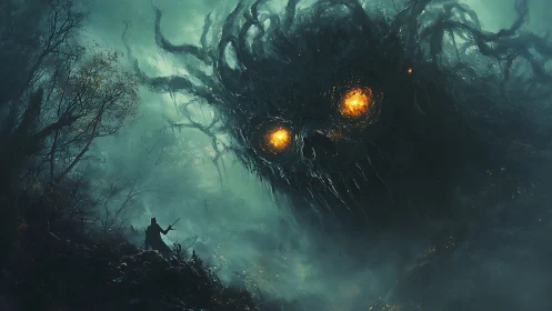 Swordbearer confronts colossal fiery eyed forest nightmare.