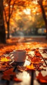 Steam-kissed autumn coffee nestled in a leaflit daydream.