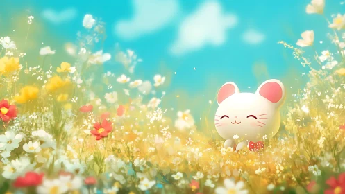 Sunny meadow mouse smiles softly amid dreamy spring blooms