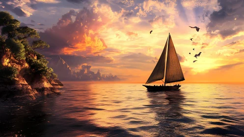 Radiant sunset sailboat beside glowing rocky shoreline.