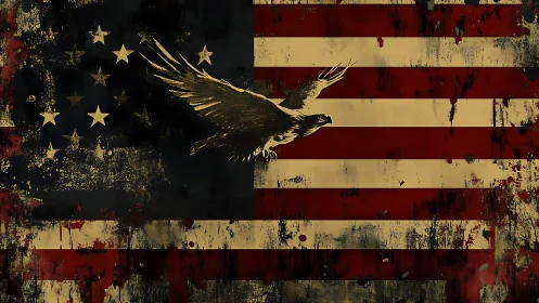 Distressed American flag with soaring eagle silhouette graphic.