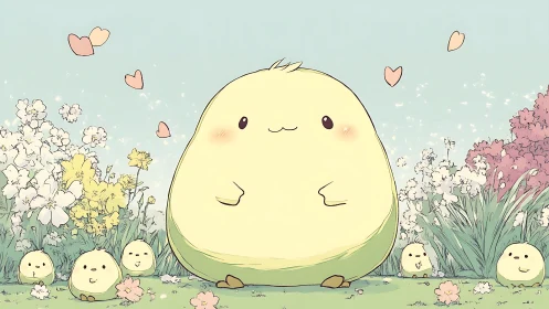 Pastel-rendered rotund chick surrounded by floral microfauna.