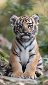 Front-facing tiger cub portrait under shallow depth-of-field.