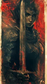 Battle-scarred warrior grips bloodstained sword before war