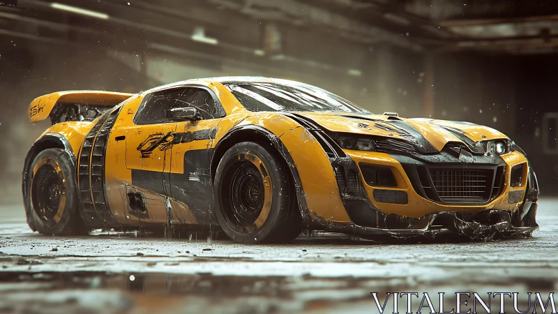 Futuristic yellow race car idles in a gritty urban garage.