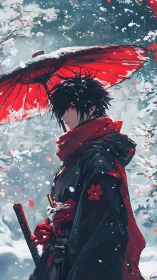Snowy samurai walks softly beneath a vivid crimson umbrella
