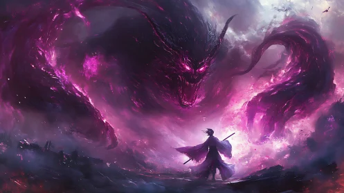 Warrior confronts colossal violet shadow dragon spirit.