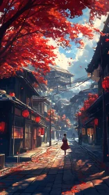 Crimson autumn street welcomes a lone walker into warm light