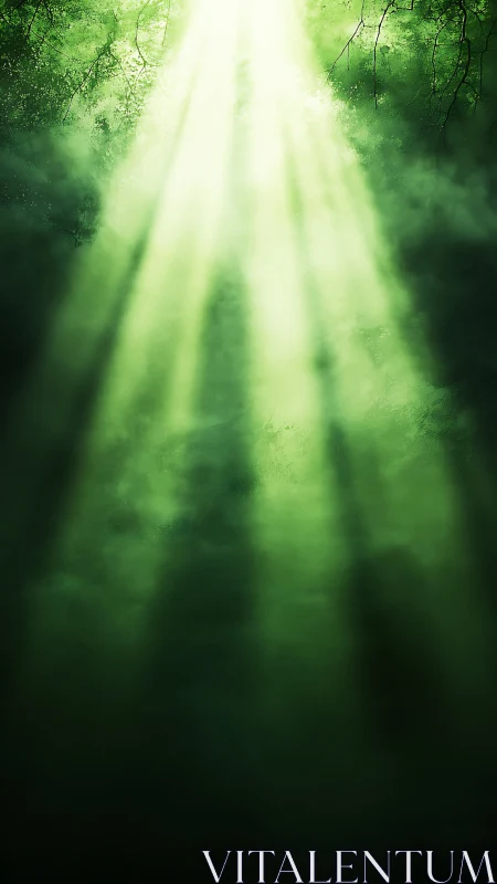 Green light beams penetrate dense atmospheric forest haze