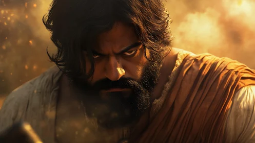 Intense bearded warrior in warm dramatic battlefield light.