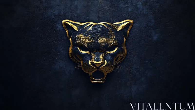 Gold panther head relief on dark textured background.