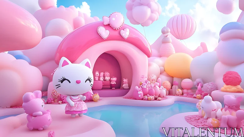 Dreamy Pink Paradise: Kawaii Cat's Whimsical Cloud Home.