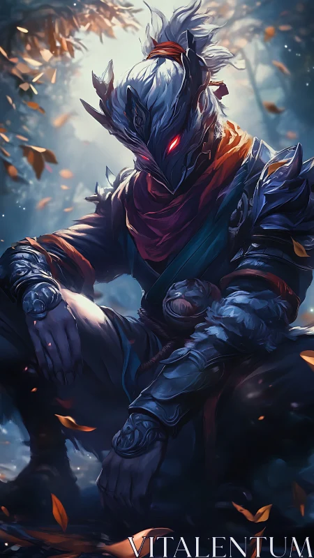 Woodland dusk warrior resting beneath drifting leaves.