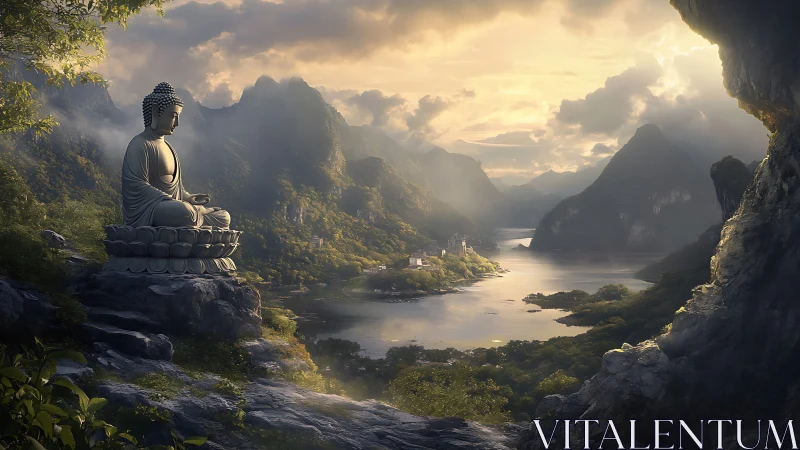 Buddha statue overlooking river valley with distant mountains.