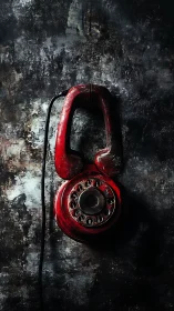 Red rotary wall telephone on distressed textured surface.