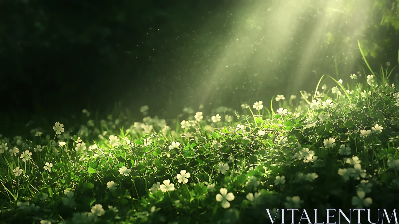 Irradiated woodland groundcover under volumetric daylight beams.